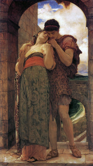 Fine Art Prints Wedded, Leighton, 16x28.5 inches, romantic couple embracing, woman in green dress and red sash, man in brown tunic, under stone archway.