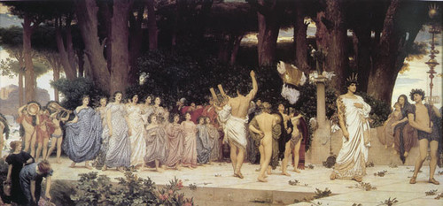 Fine Art Prints Lord Leighton's "Daphnephoria", a 14x30 inch depiction of a classical scene, with figures in togas amidst trees, led by a central dancing figure.