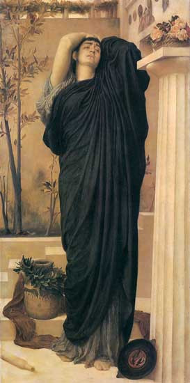 Fine Art Prints Electra at the Tomb of Agamemnon by Fredric Lord Leighton, a woman in a long black dress stands beside a column.