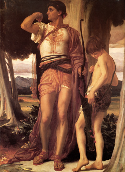 Fine Art Prints Frederick Leighton's Jonathan's Token to David, 16x22, oil on canvas painting depicting two biblical figures in ancient attire in a natural setting.