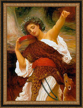 Fine Art Prints Bacchante Collier, 16x22 inch framed art print, depicts a woman with a leopard skin and red sash, holding a thyrsus, with a dog.