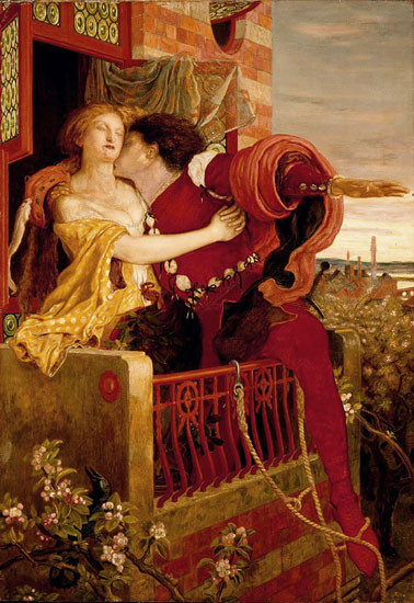Fine Art Prints Romeo and Juliet, a painting by Ford Maddox Brown, depicting the iconic balcony scene with a couple embracing, 18x22 inches.