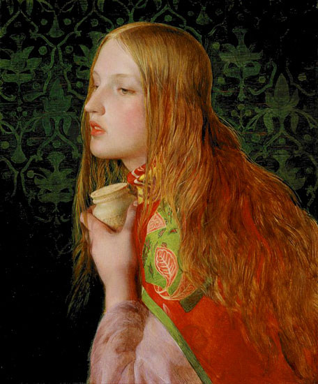 Fine Art Prints Mary Magdalene, a painting by Fredric Sandys, depicting a woman with long red hair wearing a red dress with green trim and pink sleeves.