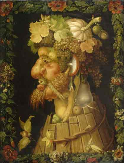 Fine Art Prints Autumn by Giuseppe Arcimboldo, 16x21, a surreal portrait composed of fruits and vegetables forming a man's face and torso in a floral frame.