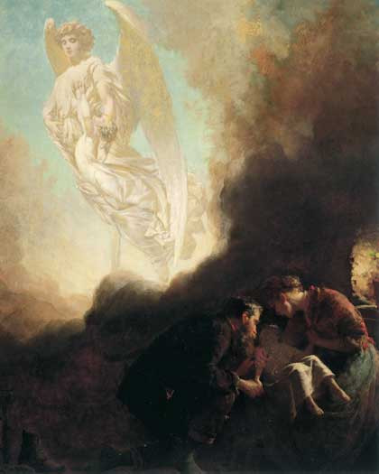 Fine Art Prints A Cloud with a Silver Lining by Hicks, 16x20 inches, angel emerging from clouds above seated figures, soft, ethereal colors, classic art.