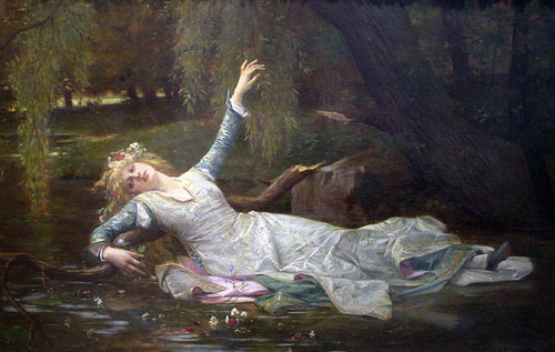 Fine Art Prints Alexandre Cabanel's Ophelia, a 10x15.75 inch painting, depicts a woman in a flowing white dress floating on water with trees in background.