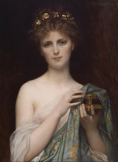 Fine Art Prints Alexandre Cabanel's Pandora, a woman with golden headband holding a box, wearing blue and gold draped clothing, bare shoulder exposed.