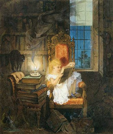 Fine Art Prints Wonderland Claxton 16x19 painting depicts a girl in white sitting in ornate chair reading book beside lit candle and stack of books.