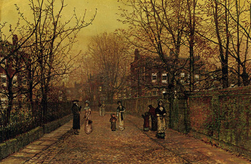 Fine Art Prints John Atkinson Grimshaw's "A Village Street on Sunday Eve" depicts a serene scene of people strolling down a tree-lined cobblestone street at dusk.