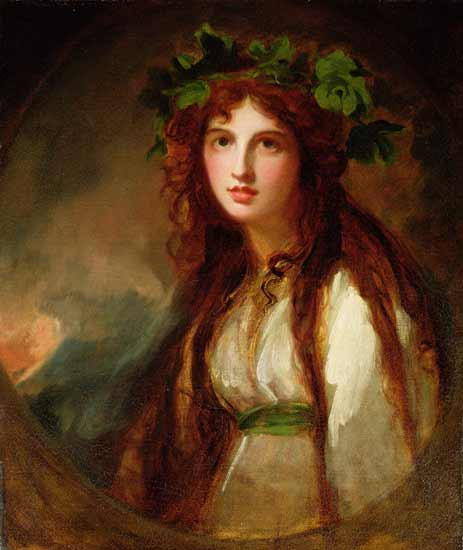 Fine Art Prints George Romney's A Bacchante, 18.5x22 inch portrait of a woman with long red hair and ivy crown, wearing white and green attire.