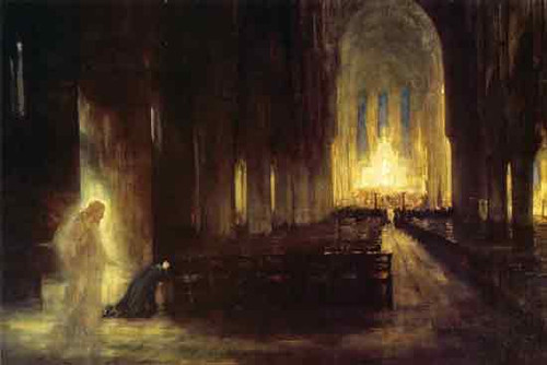 Fine Art Prints The Presence, Borthwick, 16x24, mystical figure standing in a church, illuminated with a soft glow, surrounded by rows of pews and arched windows.