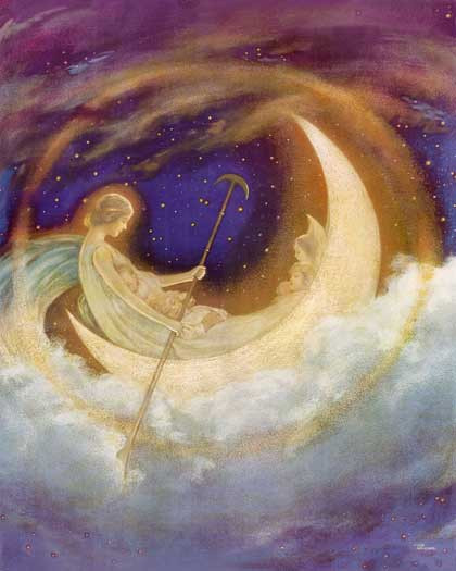 Fine Art Prints Moonboat to Dreamland by Williams, 16x20 inches, illustration of a crescent moon boat with a figure and clouds under a starry night sky.