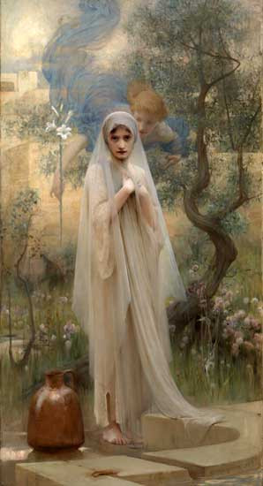 Fine Art Prints The Annunciation by Hacker, 13x24 inch painting depicting a woman in white robe and veil standing beside a clay jug outdoors.