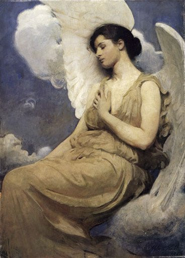 Fine Art Prints Winged Figure, serene angel in beige dress with white wings, by Thayer, 18x25 inches, sitting on clouds with blue background.