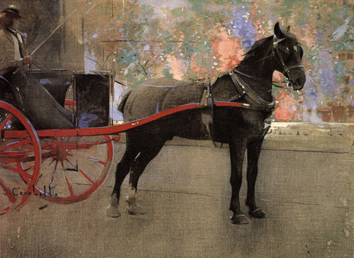 Fine Art Prints Black horse with red carriage and harness standing in front of colorful wall, by Joseph Crawhall, The Flower Shop, 16x22 inches.