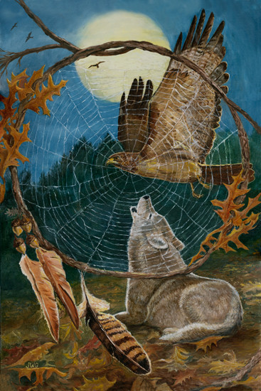 Fine Art Prints Dreamcatcher by Joyce Gibson, 20" x 30" painting of wolf, eagle, and web surrounded by feathers and leaves under full moon.