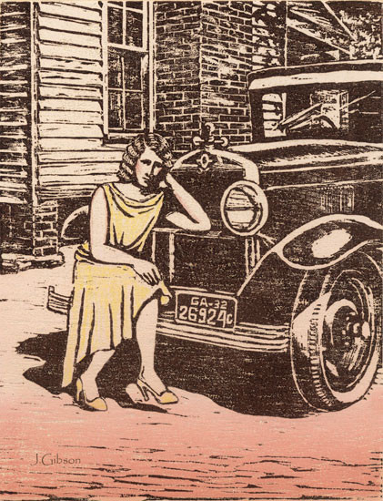 Woman in yellow dress leaning on 1930s car, woodcut print by Joyce Gibson, Rural Georgia, Fine art prints on canvas or heavy paper.