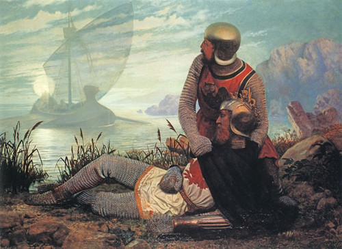 Fine Art Prints The Death of Arthur, Carrick, 16x22, knight kneeling beside fallen king Arthur, medieval scene, serene landscape, boat on water, muted color palette.