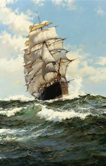 Fine Art Prints The Oberon sailing ship by Dawson, 18x28 inches, navigating through rough seas with multiple sails up, set against a cloudy blue sky.