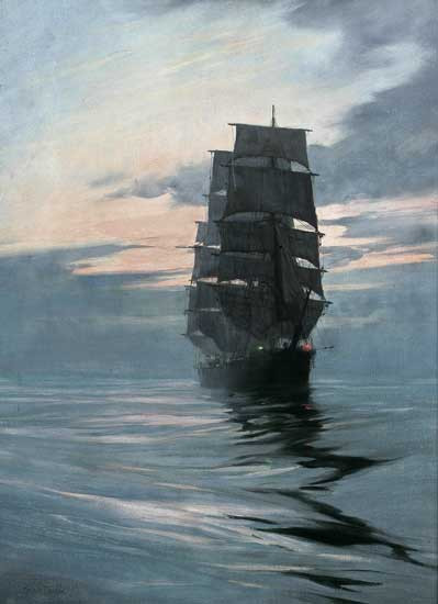 Fine Art Prints Eventide Dawson 24x33 painting of a tall ship sailing on calm waters under a cloudy sky at sunset with dark and muted tones.