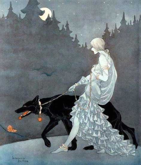 Fine Art Prints Queen of the Night, a woman in white dress walking a black dog on a leash, under a moonlit night with trees in background.