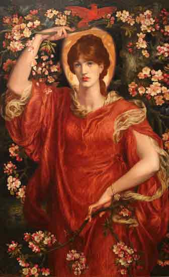 Fine Art Prints Dante Gabriel Rossetti's A Vision of Fiammetta, 22x35.25 inch painting of woman in red dress surrounded by flowers and gold accents.