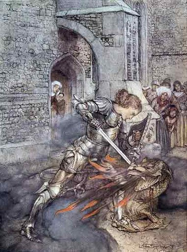 Sir Lancelot Slaying the Dragon, Rackham (12X16)