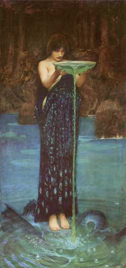 Fine Art Prints Circe Invidiosa by Waterhouse, 16x34 inch painting of a woman in a dark dress pouring green liquid into water, barefoot.