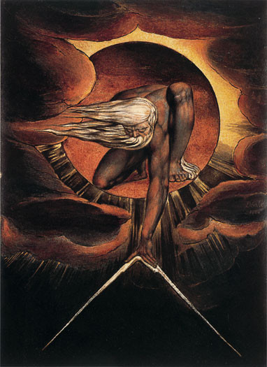Fine Art Prints The Ancient of Days, a 16x24.5 inch art piece by Blake, depicting a nude figure with white wings against a fiery orange circle.