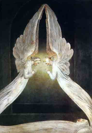 Fine Art Prints William Blake's "Christ in the Sepulcher with Angels", 14x13 inches, depicting two white angels leaning over a sepulcher with glowing light.