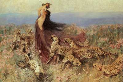 Fine Art Prints A Bacchante, Wardle, 16x24, depicting a woman in flowing dress surrounded by cheetahs in a field, oil on canvas painting in warm colors.