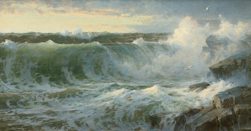Fine Art Prints Rocky surf off Rhode Island, large wave crashing on rocks, greenish water, white foam, blue cloudy sky, painting by Richards, 16x30.5 inches.