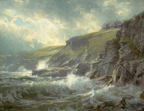 Fine Art Prints View of the Artist's Home, Graycliff, rocky coastline with waves crashing against cliffs and house on top, serene ocean landscape painting by Richards.