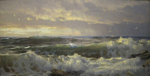 Fine Art Prints Waves crash on rocks under a cloudy sky in Surf on Rocks, a 17.4x34 painting by Richards, capturing turbulent sea and rocky shoreline.