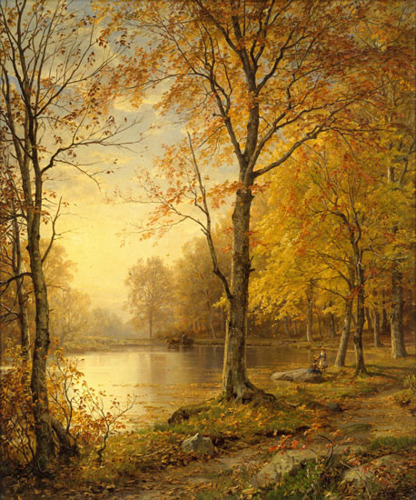 Fine Art Prints Indian Summer, Richards, 20x24, serene autumn landscape with trees, lake, and vibrant yellow foliage, soft sunlight filtering through.