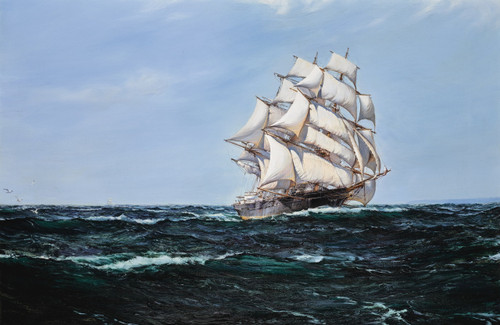 Fine Art Prints Montague Dawson's "Rolling Home" depicts a large white sailboat on dark waters, with a blue sky in the background, showcasing a 22X34 seascape.