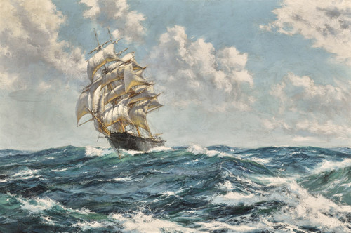 Fine Art Prints Gleaming Foam, Chariot of Fame, Montague Dawson, 16x24, sailing ship with white sails on dark blue choppy waters under cloudy blue sky.