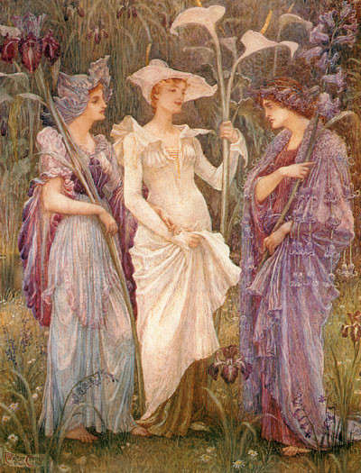 Fine Art Prints Signs of Spring, Walter Crane, 16x21, three women in elegant dresses and hats standing amidst flowers and foliage in a garden scene.
