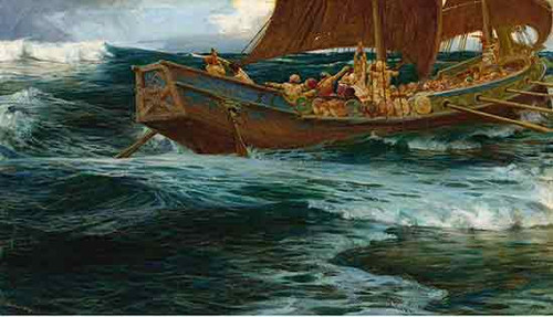 Fine Art Prints Wrath of the Sea God by Herbert James Draper, 16x28, sailing ship on turbulent waters with crew, brown sail and wooden boat.