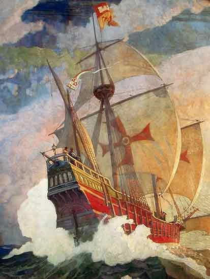 Fine Art Prints N. C. Wyeth's "The Caravels of Columbus" sailing ship on waves, 15x20 inches, featuring a red and gold vessel with billowing sails.