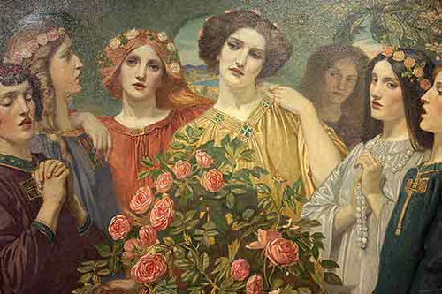 Fine Art Prints John Duncan's "Hymn to the Rose (detail)" depicts six women adorned in floral headpieces, surrounding a bouquet of pink roses, in elegant, flowing garments.