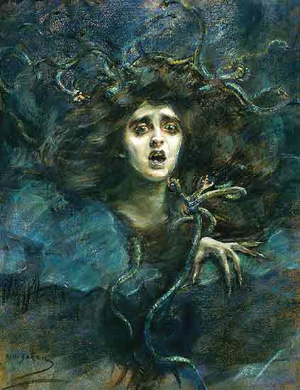 Fine Art Prints Medusa Alice Pike Barney 10" x 13" painting of a woman with snakes in her hair and hand, dark colors, mythological creature.