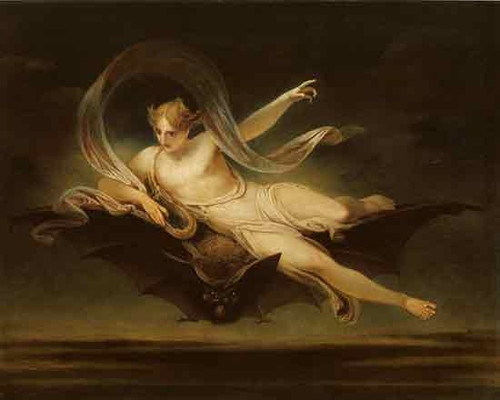 Fine Art Prints Ariel on a Bat's B- ack, Henry Singleton, 20" x 25, woman in white dress riding a bat, mystical scene, dark background.