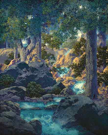 Fine Art Prints Maxfield Parrish's Good Fishing, serene forest scene with glowing stream, rocks, and trees under starry night sky, 16X20 art print.