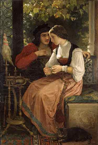 Fine Art Prints William Bouguereau's "The Proposal" depicts two figures in period attire on a balcony with ornate details, pink and white dress, red shirt.