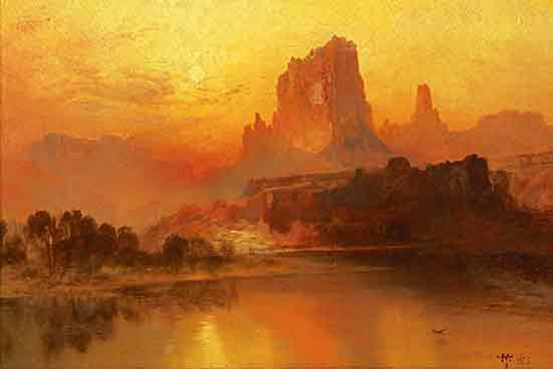 Fine Art Prints Thomas Moran's "The Golden Hours" landscape painting, 20x29 inches, warm orange hues of sunset reflecting on serene water with majestic rock formations.