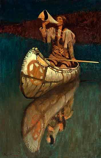Fine Art Prints The Signal, N.C. Wyeth print, 16x25 inches, featuring a man in a canoe holding a horn, depicted in earthy tones with dark background.