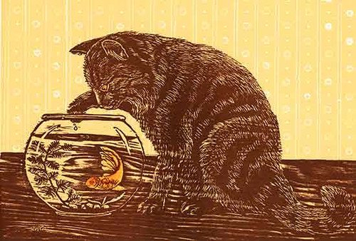 Cat with Goldfish - woodcut, Joyce Gibson (10 X 15)