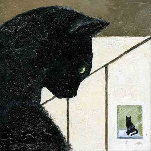 Fine Art Prints on canvas or heavy paper Black cat with yellow eyes looking out window, watching another black cat outside by Joyce Gibson, 6x6 inches print on canvas.