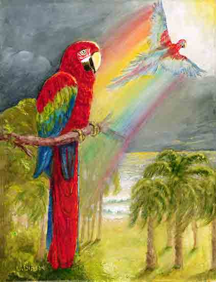 Fine Art Prints on canvas or heavy paper Vibrant red, green, and blue macaw perched on branch with rainbow leading to flying macaw, palm trees, and tropical landscape in background, Joyce Gibson.